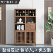 新中式 餐边柜立柜茶叶柜茶室家具实木榆木黑胡桃色简约禅意茶边柜