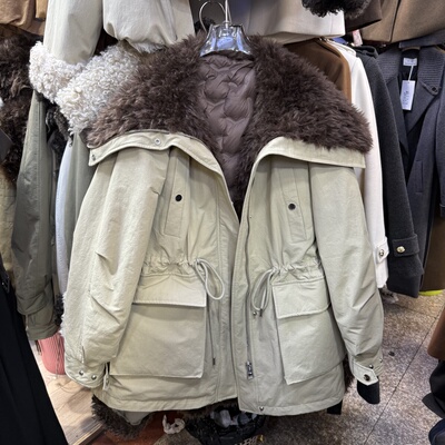 韩版翻领羊羔毛羽绒工装派克服女2025冬新中长款保暖冲锋衣外套