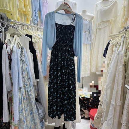 2025春季韩版法式气质碎花吊带连衣裙女长袖披肩开衫外套两件套女