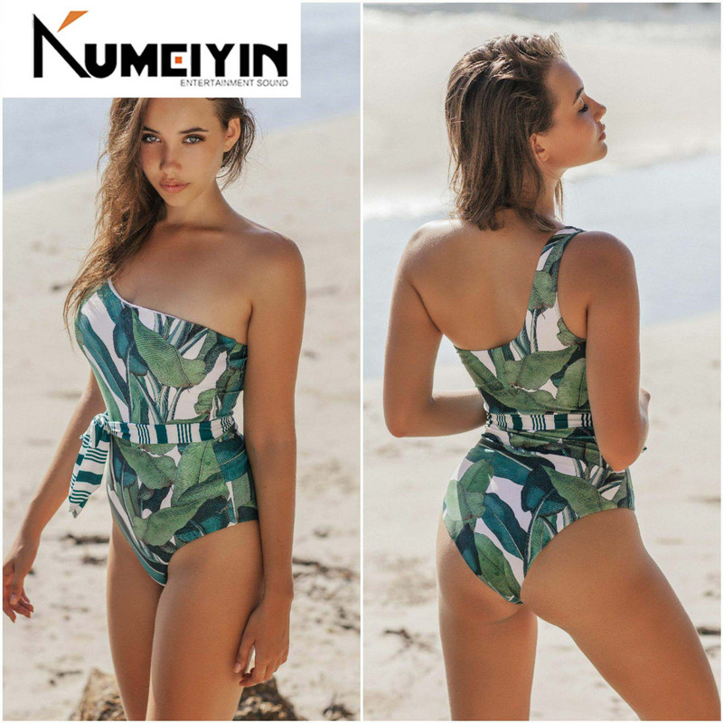 2020 one piece swimsuit y one shoulder leaf print stripe