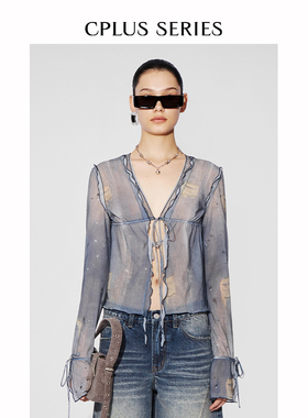 ivy吕颖同款【CPLUS SERIES】花边装饰印花轻薄开衫