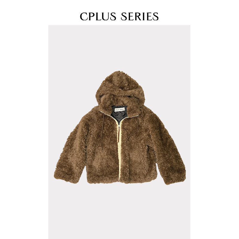 [新品]【CPLUS SERIES】咖色连帽长毛绒外套