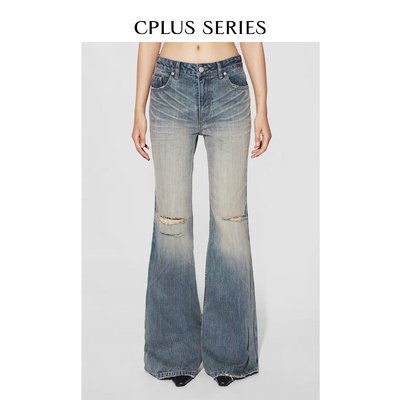 【現貨】CPLUS SERIES 水洗做旧复古刷色竹节微喇显腿长牛仔裤
