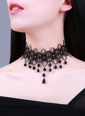 项链女锁骨韩版学生黑色蕾丝吊坠