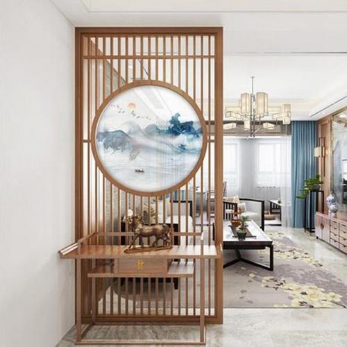 中式简约客厅隔断屏风玄关隔断实木入户镂空花格日式装饰纱画座屏