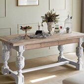 法式 长桌农场桌工作室书桌工作台白色原木色罗马柱民宿餐厅家具