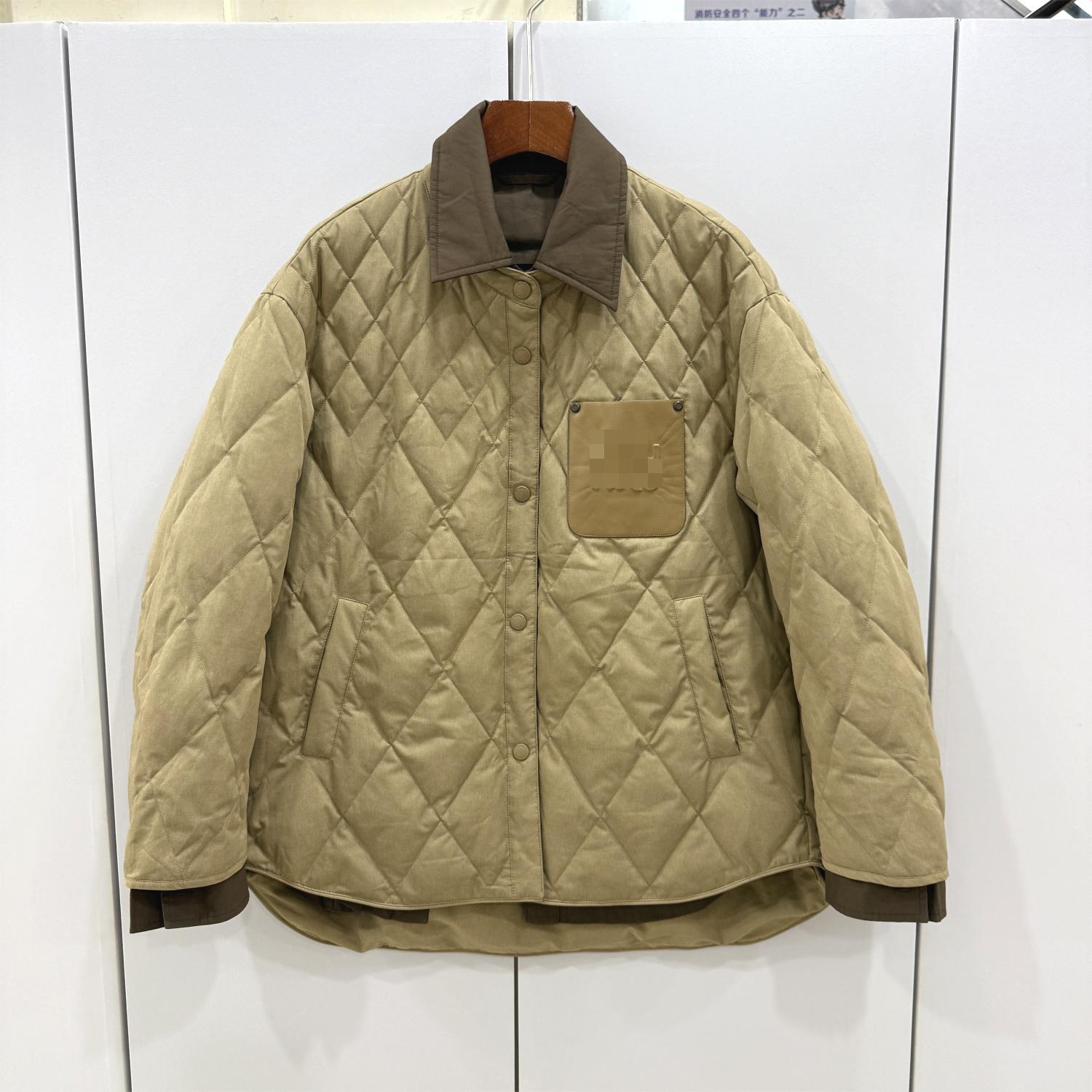 DZ3091 欧洲站25冬拼皮字母口袋菱形格衬衣式假两件减龄羽绒服