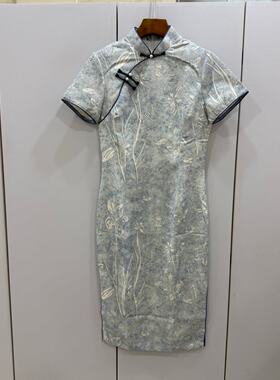 D33281夏斜门襟盘扣立领复古提花侧开叉修身中长短袖旗袍连衣裙