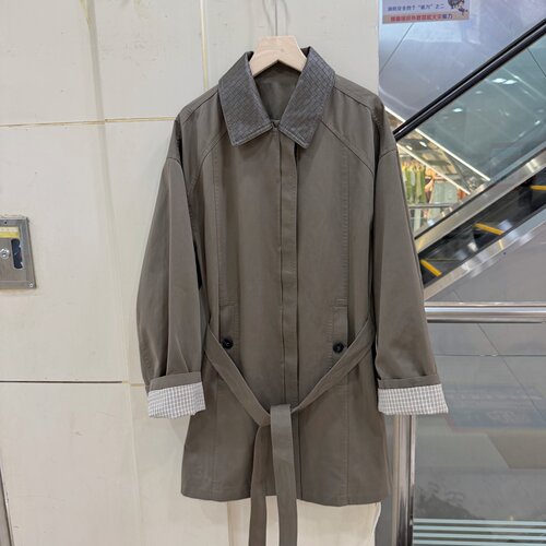 36629欧货通勤风拼皮翻领风衣女中长款腰带收腰宽松显瘦休闲外套