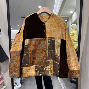 E272欧洲站2025冬新中式 复古真丝皮草撞色印花高端鹅绒羽绒服外套