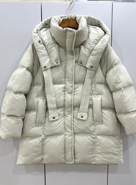 25803 欧洲站2025冬时尚大飘带可拆卸连帽休闲A字泡芙中长羽绒服