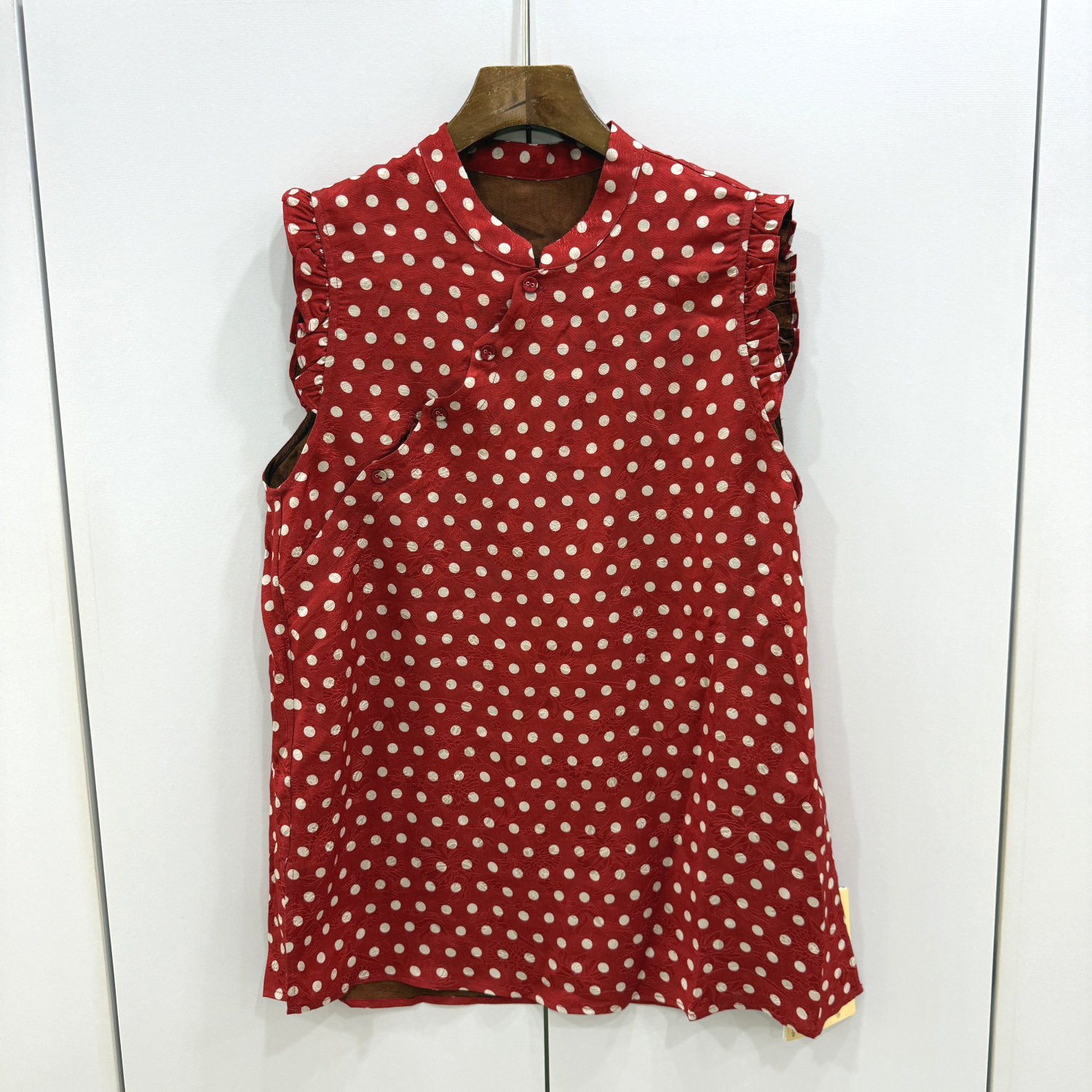 瓦琳汀娜75653 斜门禁扣立领木耳花边袖口波点遮屁香云纱马甲衬衣
