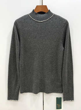286-25161 欧洲站2025冬袖口领口订珍珠半高领弹力显瘦羊毛针织衫