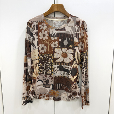 MX26237欧洲站2026春时尚圆领复古撞色印花腰间褶皱微透网打底T恤