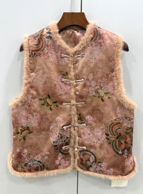 竹吟95107 欧洲站26春单排盘扣水貂毛边凤凰人丝提花羊毛夹棉马甲