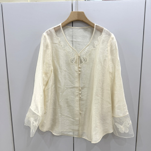 KS792欧洲站2026春时尚 轻奢桑蚕丝提花宽松显瘦拼欧根纱国风衬衫