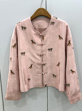 26676欧洲站26早春单排盘扣圆领小马刺绣花新国风人丝亚麻短外套