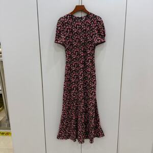Q6361欧货26夏时尚圆领泡泡袖修身包臀小碎花长款真丝鱼尾连衣裙