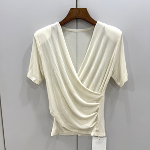 T恤女 洋气醋酸短袖 2636 1欧洲站春夏设计感气质垫肩交叉深V领修身