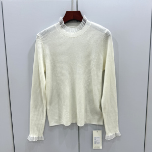 质感打底衫 745 995117欧洲站2025冬极简风立领拼接木耳边针织衫