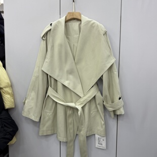 艾熹尔26 大方领中长系腰带宽松风衣外套女 1059欧洲站2026春时尚