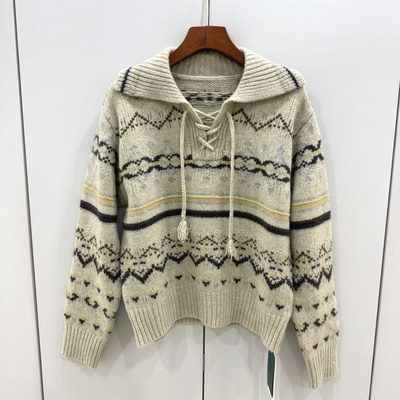 27-5123 欧洲站2025冬时尚百搭提花绵羊毛翻领系带羊毛针织衫