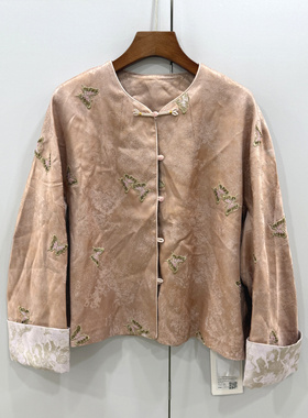 菲沿FY9195欧洲站26春珍珠盘扣鸡心领蝴蝶刺绣花人丝亚麻国风外套