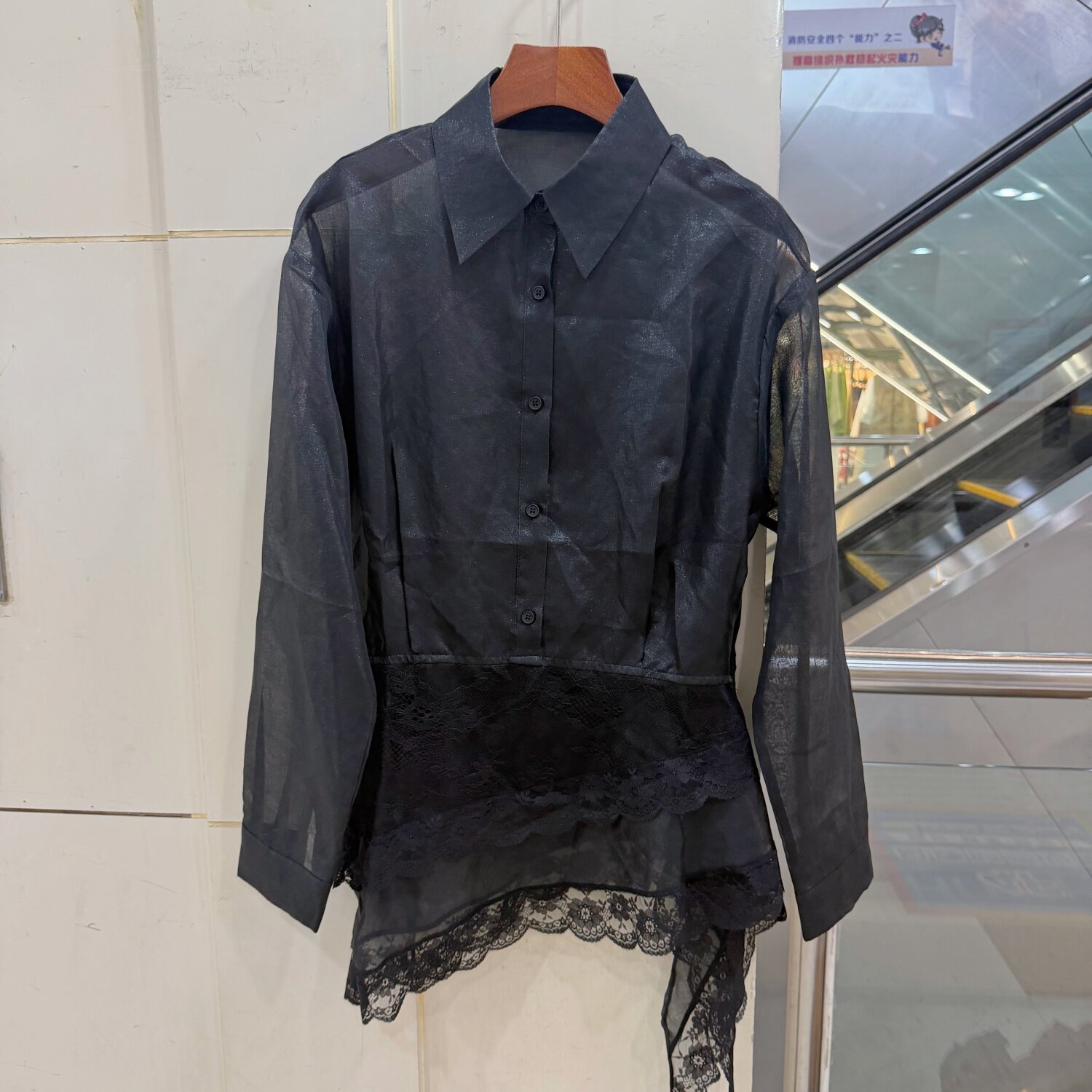 73392 欧货时尚不对称下摆蕾丝拼接翻领透视薄苎麻长袖衬衫上衣秋