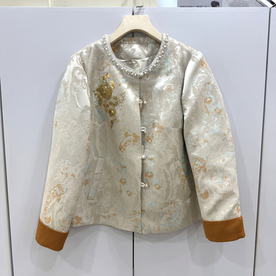 千秀丽人8830欧洲站2026春时尚钉珠圆领亮片刺绣花国风休闲外套