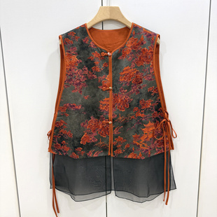 KS775欧货26春时尚 圆领单排盘扣人丝桑蚕丝提花两侧系带国风马甲