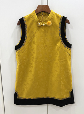 19759-HLS26欧洲站26春订花毛球盘扣立领丝绒包边提花国风背心裙