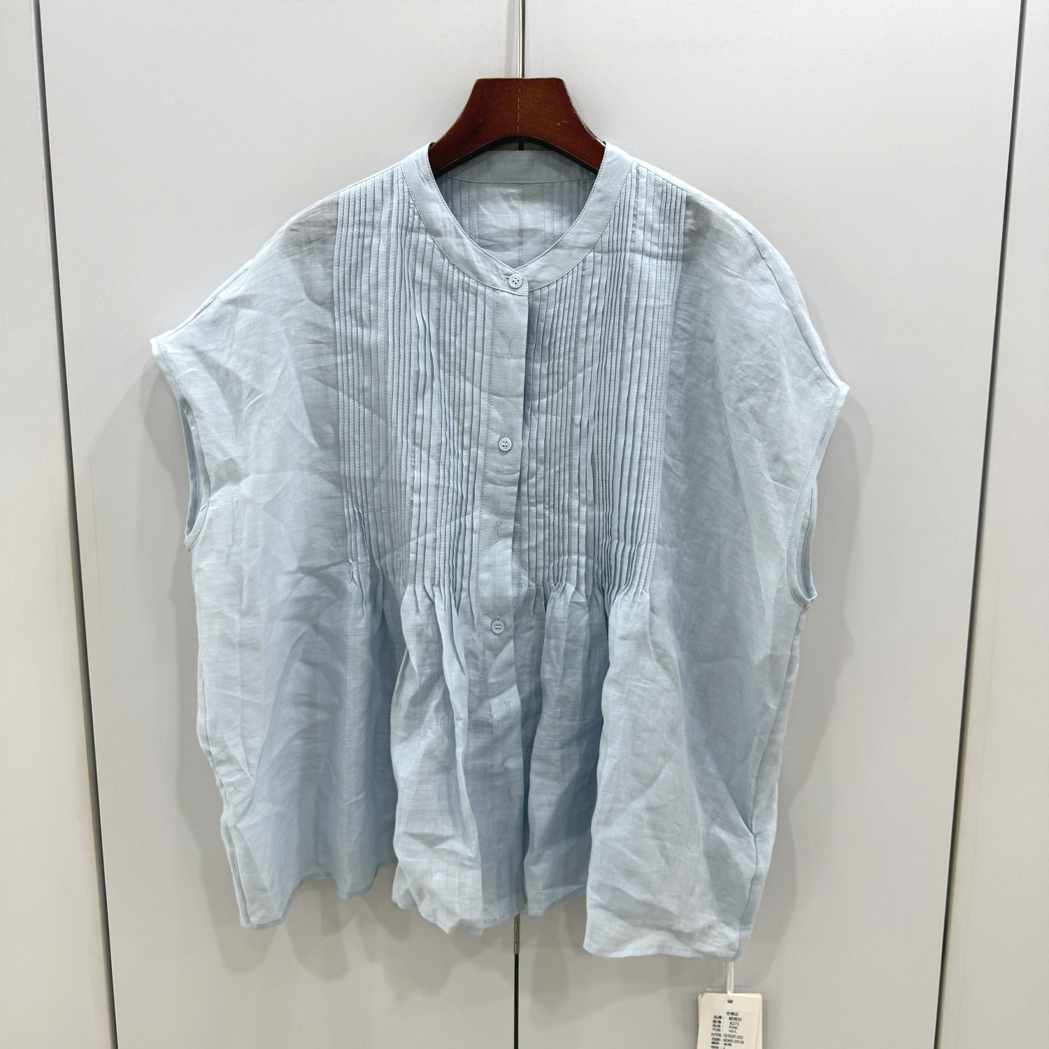 韵芭莎8271 欧洲站门禁压褶设计感飞飞袖休闲宽松大版苎麻衬衫