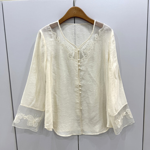 HY792欧洲站26春单排珍珠扣拼欧根纱轻奢桑蚕丝国风提花衬衫 上衣