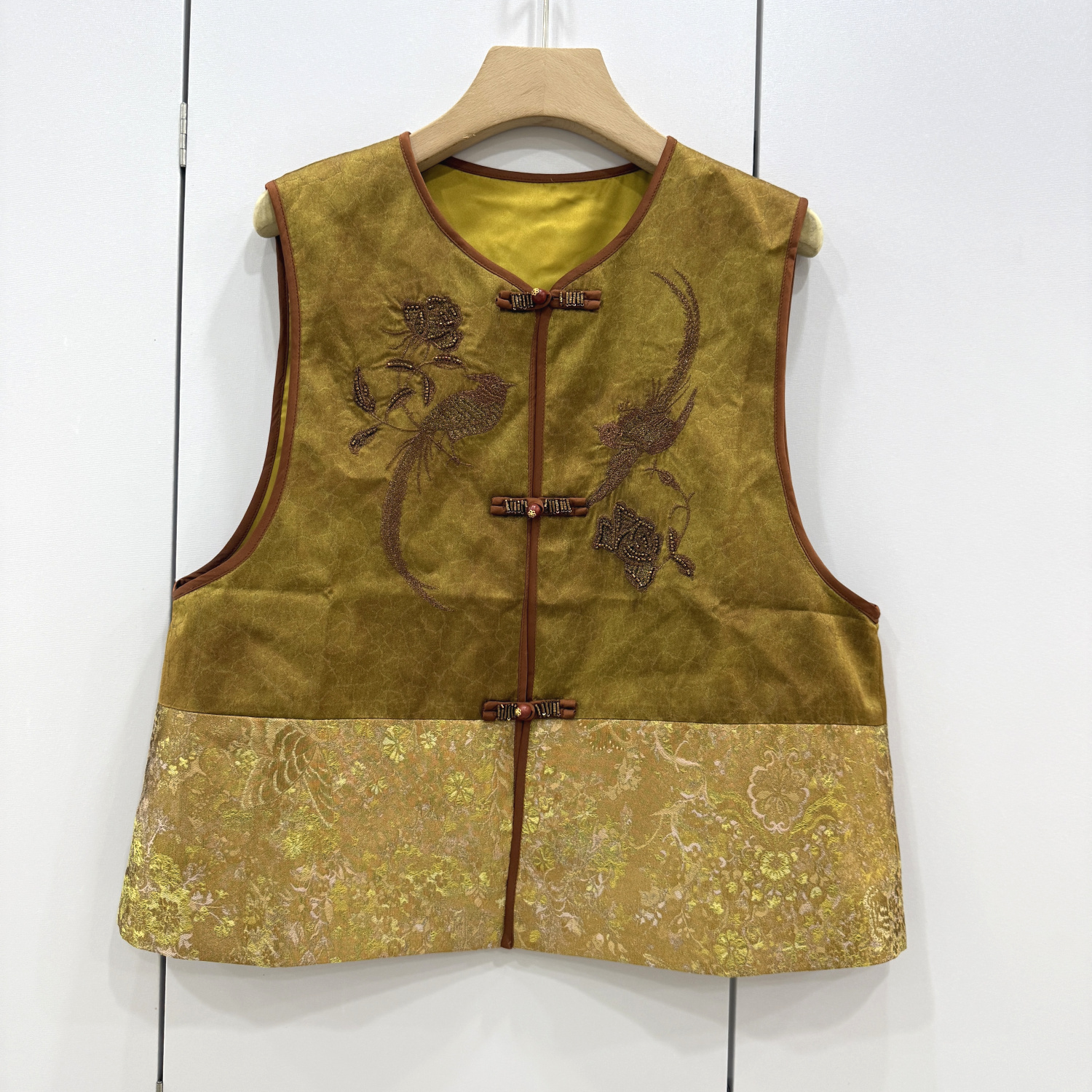 KS151欧洲站2025秋时尚圆领新中式国风提花盘扣人丝香云纱马甲女