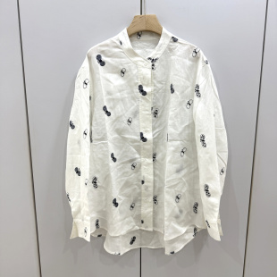 F7349欧洲站时尚 下摆不规则天丝亚麻上衣春 立领重工刺绣蝴蝶衬衫