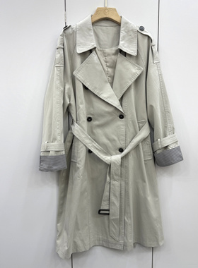 65539欧洲站2026春时尚翻领双排扣系带收腰长款宽松显瘦风衣外套