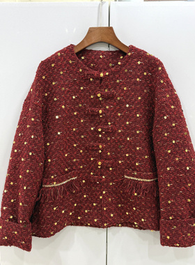 墨雪MX26021欧洲站2026春满身方块亮片单排扣流苏小香风毛呢外套