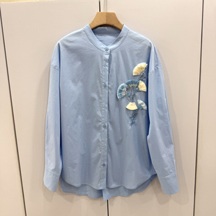 KS806欧洲站2026春时尚立领单排扣百搭显瘦重工花朵刺绣衬衫上衣
