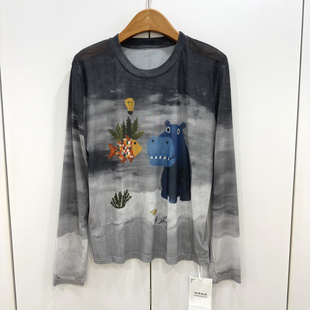 7101欧洲站2026春时尚 显瘦微透打底T恤 圆领撞色涂鸦水墨印染修身