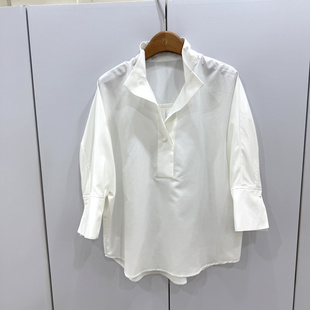 宽松立领气质衬衣女 五分袖 L68966 欧货2026春极简风V领一粒扣衬衫