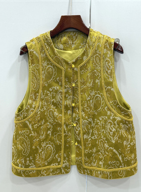 72102欧洲站26春蕾丝刺绣花边腰果花提花圆领单排扣国风马甲外套