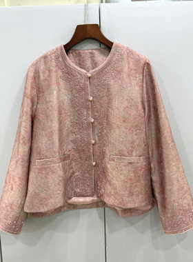 72265欧洲站2026春圆领重工钉珠单排盘扣轻奢人丝提花国风短外套