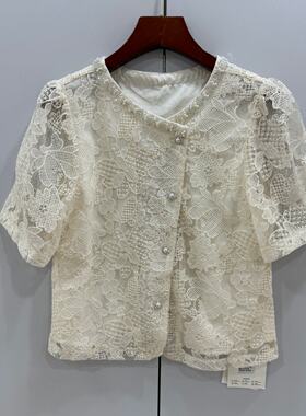 6726欧洲站2026时尚镶钻圆领斜门襟蕾丝刺绣花小个短款短袖衬衫女