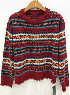 73288-149 欧洲站2025冬新款圆领撞色提花复古加厚长袖休闲针织衫