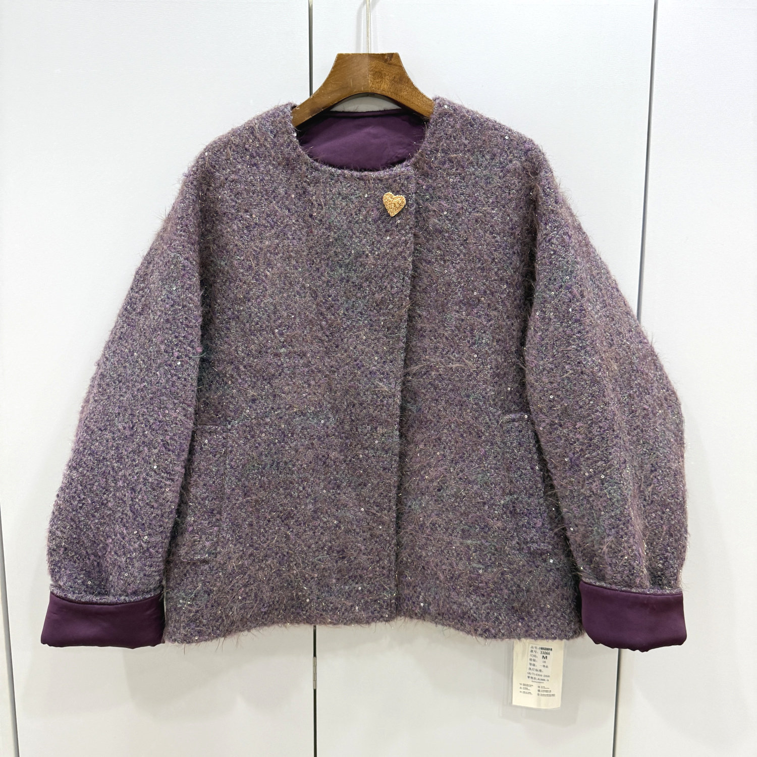 YSYS 33066欧洲站25冬爱心扣斜门禁圆领亮丝羊毛呢小香风短羽绒服