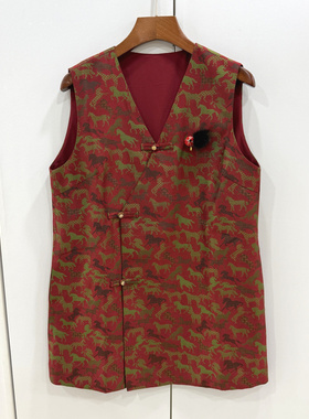 19903-HLS26 欧洲站26春不规则斜门禁盘扣V领马提花小个中长马甲