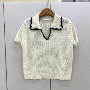R3879欧洲站26春时尚 上衣 POLO翻领宽松显瘦简约镂空天丝针织短袖