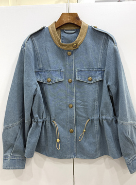 F602098欧货2026春时尚百搭拼皮立领单排扣抽绳收腰显瘦牛仔外套