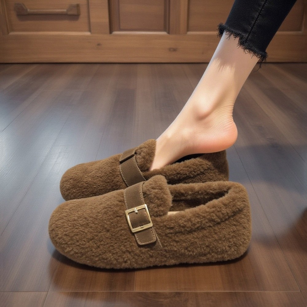 时尚外穿小众毛毛鞋女新款秋冬厚底皮带扣加绒保暖一脚蹬豆豆鞋,女鞋,毛毛鞋,淘宝优惠券,粉丝福利购,淘宝优惠卷