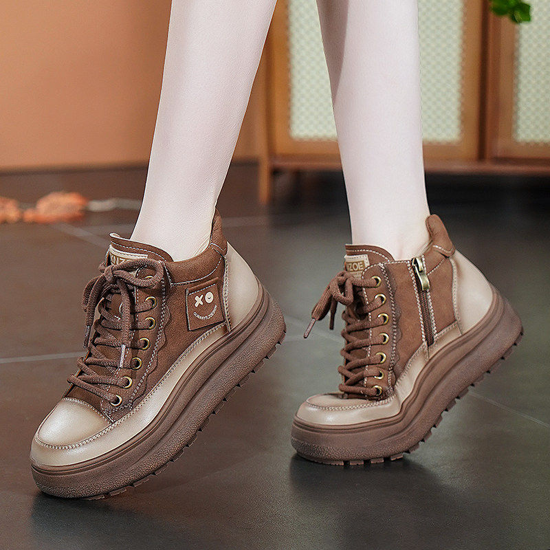 侧拉链加厚圆头女鞋新款鞋子秋冬加绒厚底休闲高帮皮鞋冬季马丁靴,女鞋,马丁靴,淘宝优惠券,粉丝福利购,淘宝优惠卷